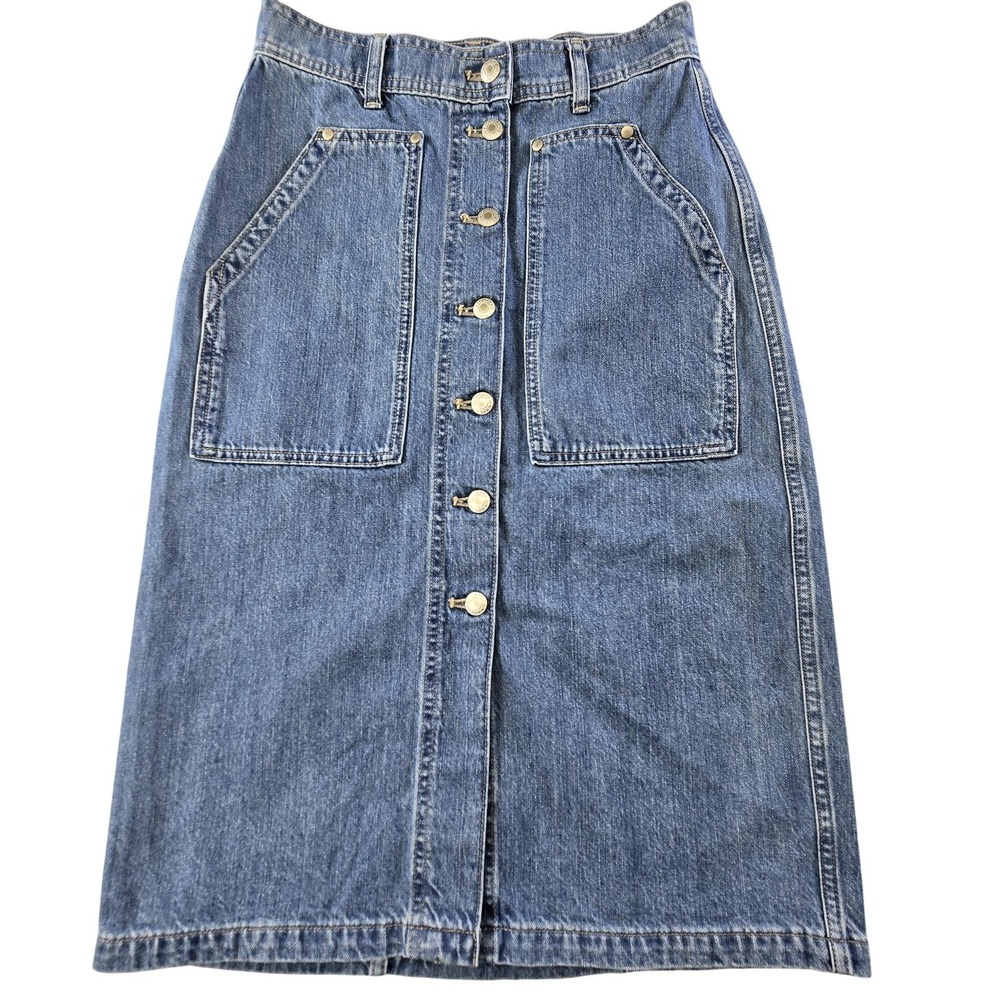 Point Sur Skirt Womens 4 Blue Denim Straight Pencil Midi Button Front Pockets